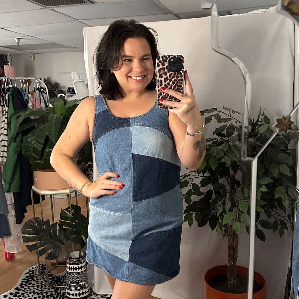 Frame Atelier Micro Flare Patchwork Denim Mini Dr… - image 1